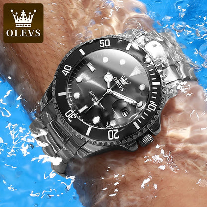 Men's OLEVS Luxury Quartz Watch – One-Way Rotating Bezel, Auto Date, Waterproof Design