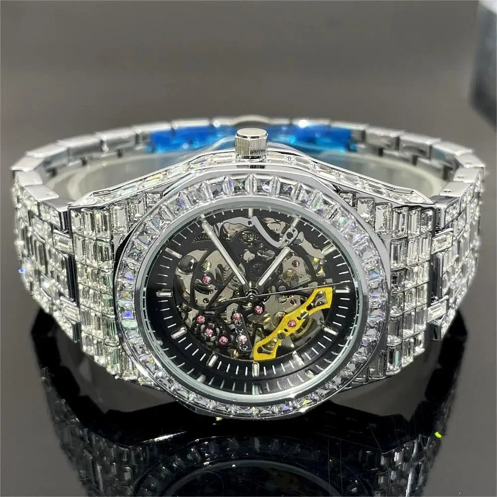 Luxury Fashion Gold & Silver Hollow Automatic Men's Watch – Iced Out Diamond Mechanical Waterproof Wristwatch