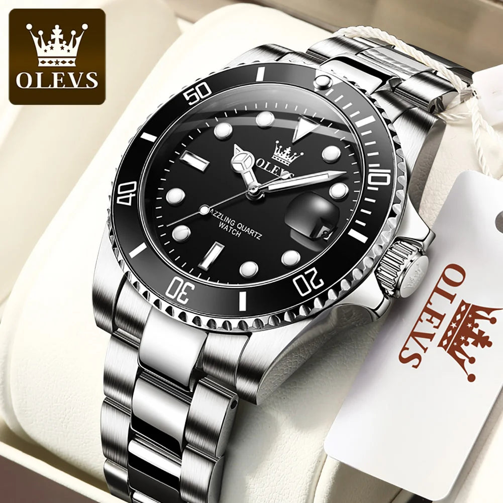 Men's OLEVS Luxury Quartz Watch – One-Way Rotating Bezel, Auto Date, Waterproof Design