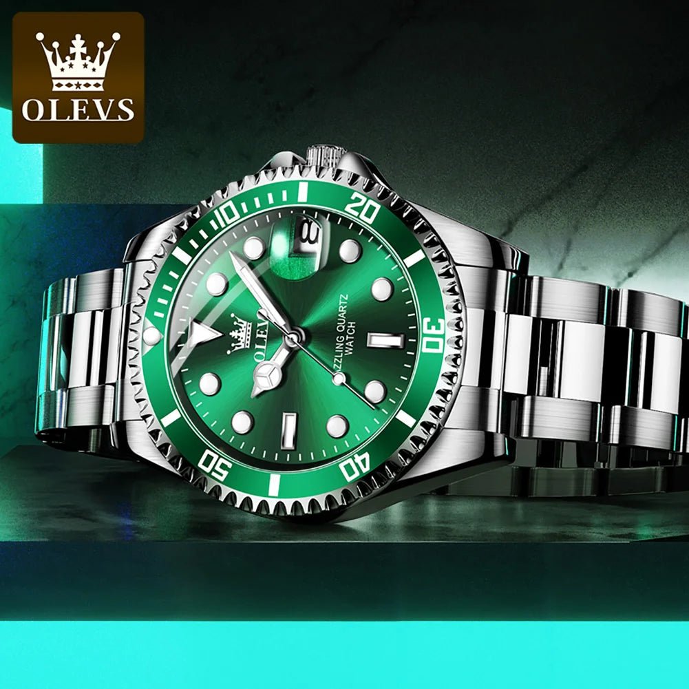 Men's OLEVS Luxury Quartz Watch – One-Way Rotating Bezel, Auto Date, Waterproof Design