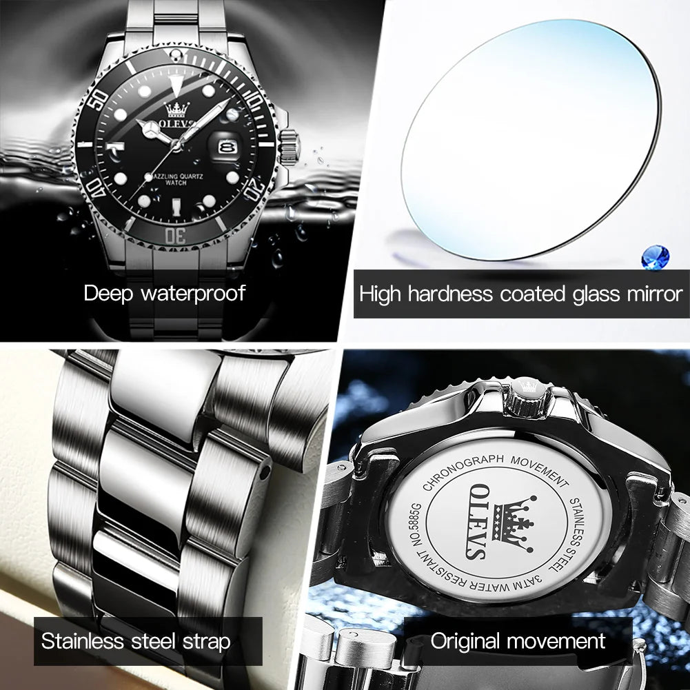 Men's OLEVS Luxury Quartz Watch – One-Way Rotating Bezel, Auto Date, Waterproof Design