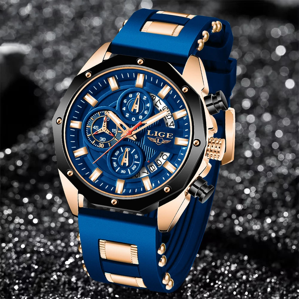 Men's Blue Silicone Military Sport Chronograph Watch – Luxury Waterproof Timepiece