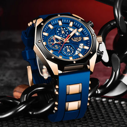 Men's Blue Silicone Military Sport Chronograph Watch – Luxury Waterproof Timepiece