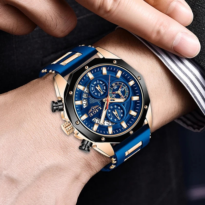 Men's Blue Silicone Military Sport Chronograph Watch – Luxury Waterproof Timepiece