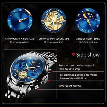 Men's OLEVS Stainless Steel Analog Quartz Business Watch – Luminous, Waterproof, Moon Phase Chronograph