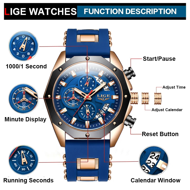 Men's Blue Silicone Military Sport Chronograph Watch – Luxury Waterproof Timepiece