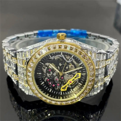 Luxury Fashion Gold & Silver Hollow Automatic Men's Watch – Iced Out Diamond Mechanical Waterproof Wristwatch