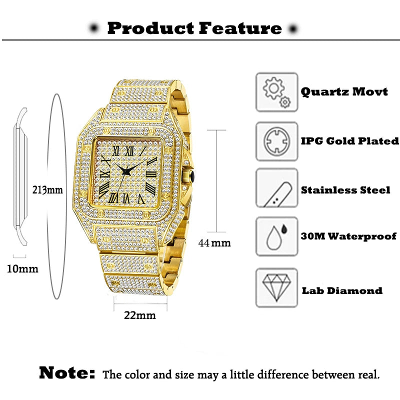 White Gold Men Watches Top Brand Luxury Full Diamond Square Quartz Male Watch Hip Hop Ice Out Waterproof Clock Gift 2021