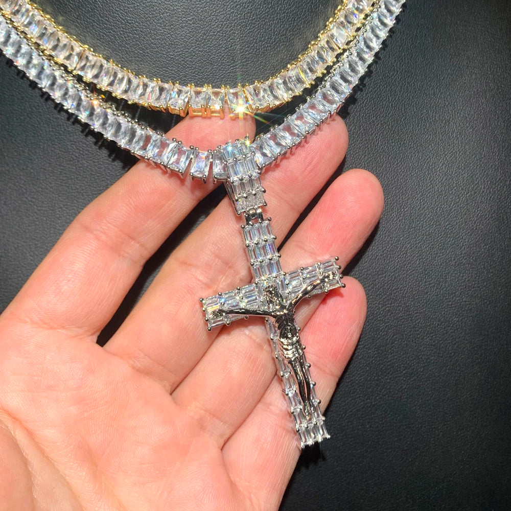 Iced Out Jesus Cross Pendant Necklace - Luxury Bling Tennis Chain with 5A Geometric Zircon