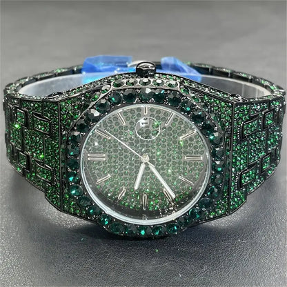 Miss Fox New Hip Hop Men’s Quartz Watch - Luxury Green Full Diamond Automatic Date Timepiece