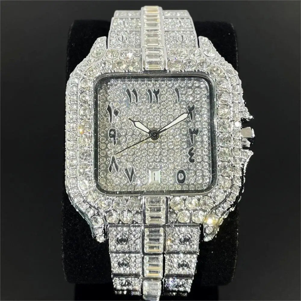 Luxury Quartz Watch for Men Automatic Date Hip Hop Full Iced Diamond Clock Fashion Waterproof Square Wristwatch 2023 New