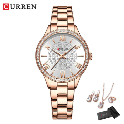 Luxury Women's Rhinestone Watch & Jewelry Set - Stainless Steel Bracelet, 5-Piece Gift Set