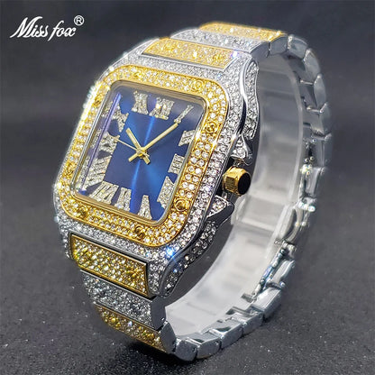 Luxury Miss Fox Square Diamond Watch for Men - Limited Ice Gray Edition Designer Quartz Wristwatch