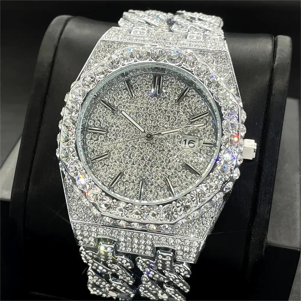 Miss Fox Luxury Men's Hip Hop Iced Out Diamond Watch - Fashion Quartz Timepiece with Cuban Chain