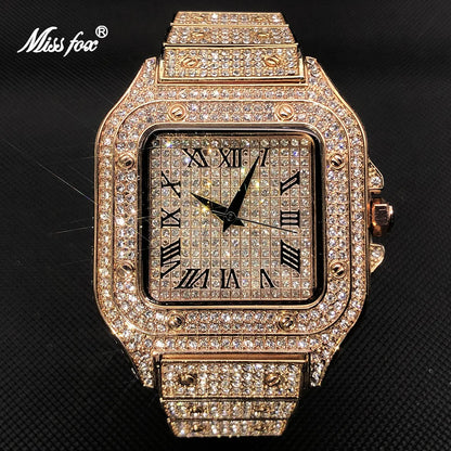 White Gold Men Watches Top Brand Luxury Full Diamond Square Quartz Male Watch Hip Hop Ice Out Waterproof Clock Gift 2021