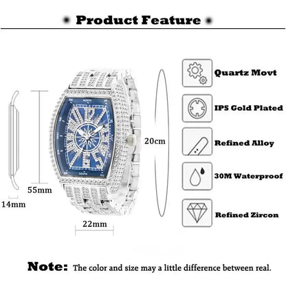 2022  Luxury Mens Watches Fashion Hip Hop Iced Diamond Waterproof Tonneau AAA Quartz Wristwatch Male Reloj Free Shipping