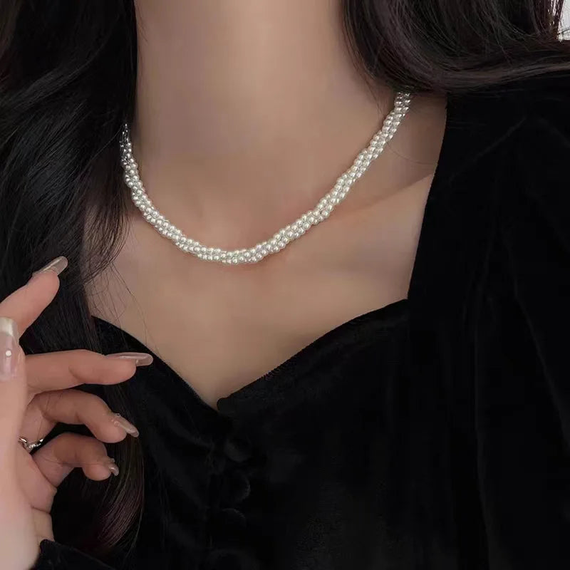 Vintage Multilayer Pearl Choker Necklaces for Women Elegant Imitation Pearl Twisted Neck Chain Necklace Wedding Bride Jewelry