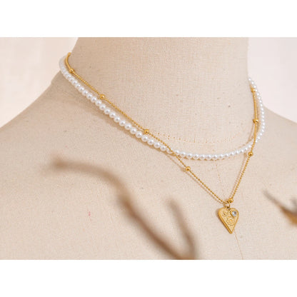 Elegant Simulated Pearls Beads Double-Layer Chain Heart Love Drop Necklace Stainless Steel Handmade Collar Jewelry New