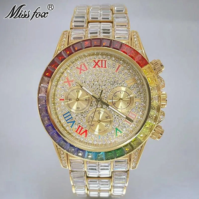 Gold Hip Hop Watch for Men - Iced Out Rainbow Diamond Waterproof Timepiece