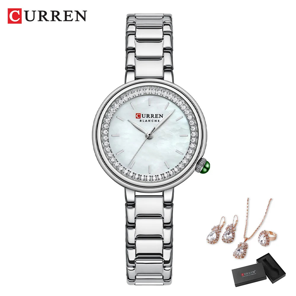 Luxury Women's Rhinestone Watch & Jewelry Set - Stainless Steel Bracelet, 5-Piece Gift Set