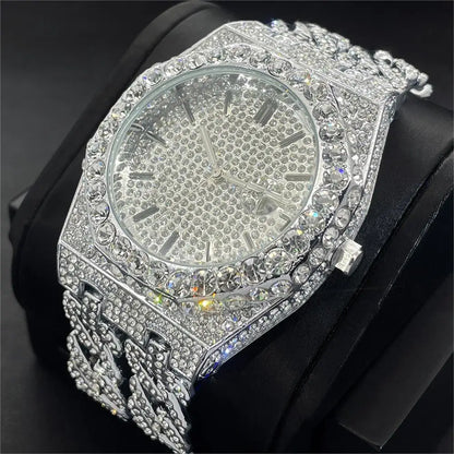 Miss Fox Luxury Men's Hip Hop Iced Out Diamond Watch - Fashion Quartz Timepiece with Cuban Chain