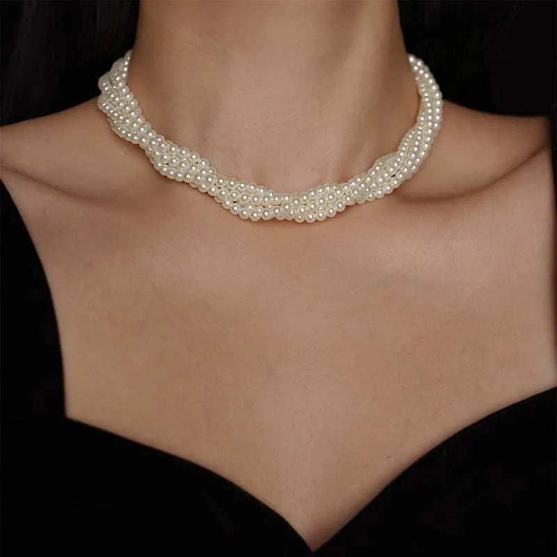 Vintage Multilayer Pearl Choker Necklaces for Women Elegant Imitation Pearl Twisted Neck Chain Necklace Wedding Bride Jewelry