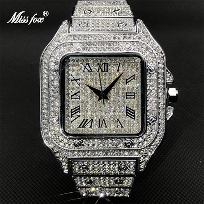 White Gold Men Watches Top Brand Luxury Full Diamond Square Quartz Male Watch Hip Hop Ice Out Waterproof Clock Gift 2021