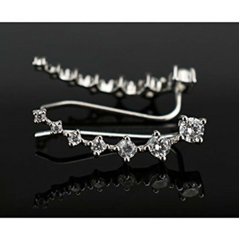 Long Bar Ear Cuff Climber CZ Stud Earrings 925 Sterling Silver 