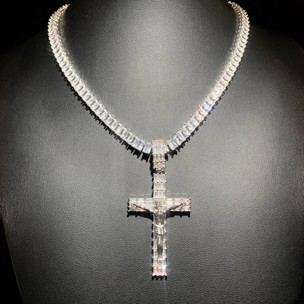 Iced Out Jesus Cross Pendant Necklace - Luxury Bling Tennis Chain with 5A Geometric Zircon