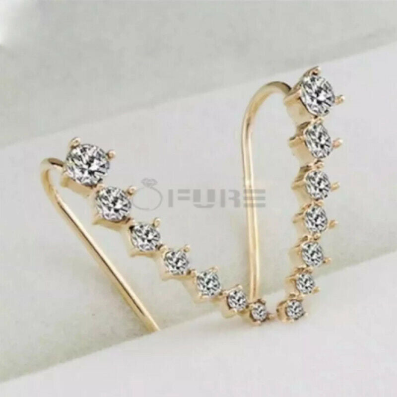 Long Bar Ear Cuff Climber CZ Stud Earrings 925 Sterling Silver 