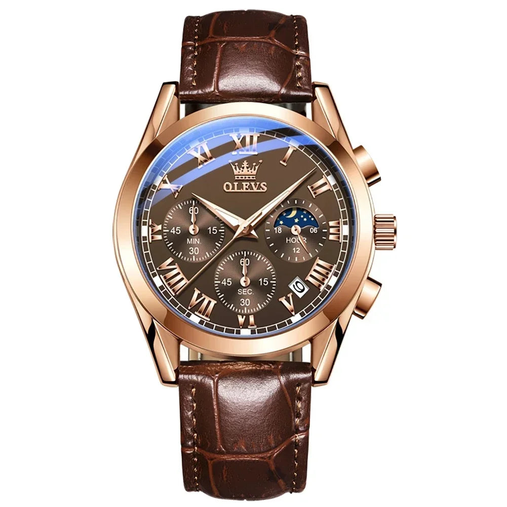 Men's OLEVS Luxury Quartz Watch – Moon Phase Chronograph, Waterproof Fashion Timepiece