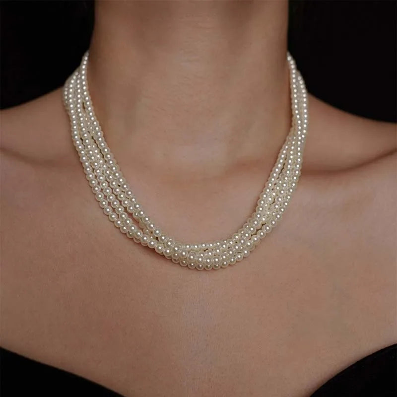 Vintage Multilayer Pearl Choker Necklaces for Women Elegant Imitation Pearl Twisted Neck Chain Necklace Wedding Bride Jewelry