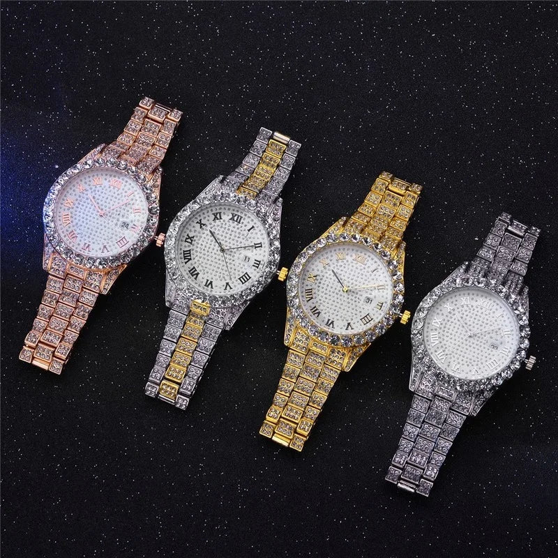 Men Women Watch Luxury Date Quartz Bling Full Rhinestones Watches Cuban Hand Chain Fashion Jewelry