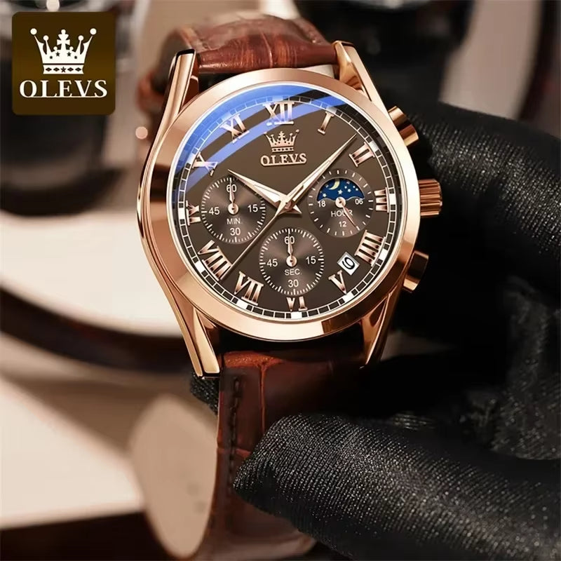 Men's OLEVS Luxury Quartz Watch – Moon Phase Chronograph, Waterproof Fashion Timepiece