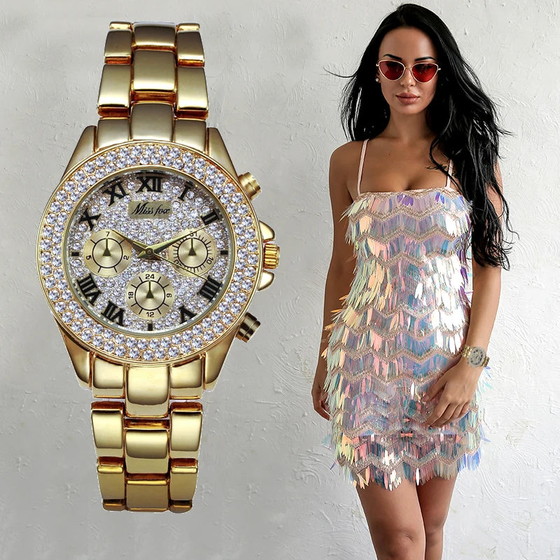 Miss Fox Women’s Luxury Watch - Shockproof, Waterproof, Rhinestone-Embellished Metal Bracelet Timepiece