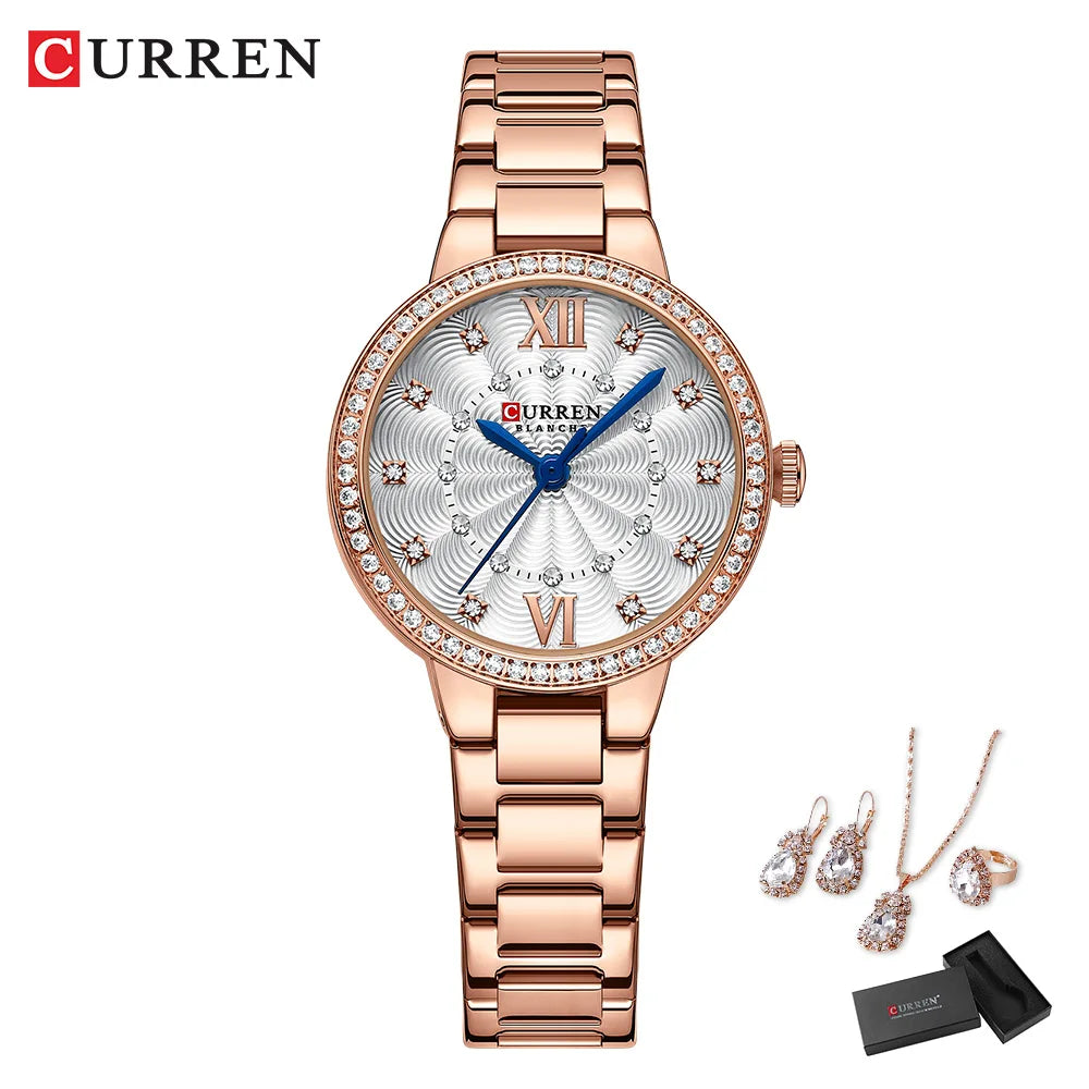 Luxury Women's Rhinestone Watch & Jewelry Set - Stainless Steel Bracelet, 5-Piece Gift Set