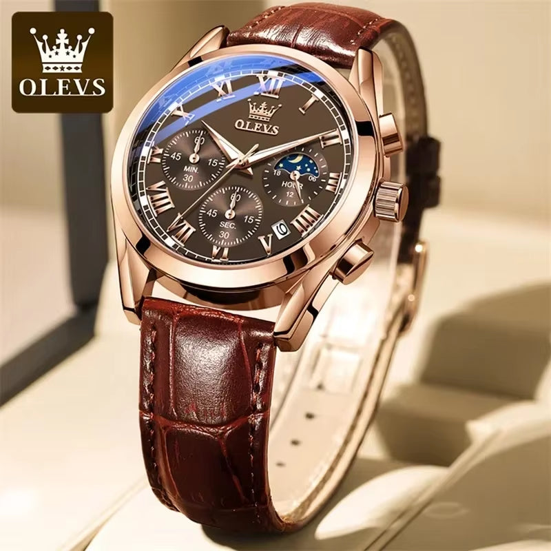 Men's OLEVS Luxury Quartz Watch – Moon Phase Chronograph, Waterproof Fashion Timepiece