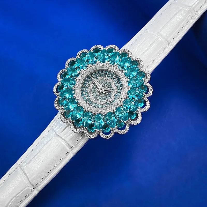 ZOCA 925 Sterling Silver Watch Luxury Bling High Quality Paraiba Turmaline Gemstones Watch Bracelets for Women Clock