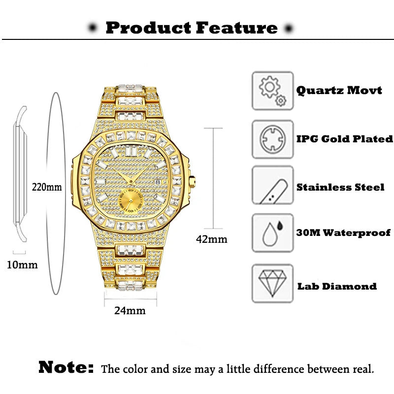 Luxury Men Watch Gold 18K Model Fully Paved Baguette Diamond Mens Watches Waterproof Calendar Male Clock Hours