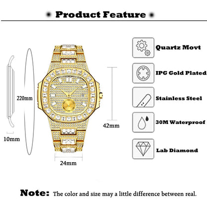 Luxury Men Watch Gold 18K Model Fully Paved Baguette Diamond Mens Watches Waterproof Calendar Male Clock Hours