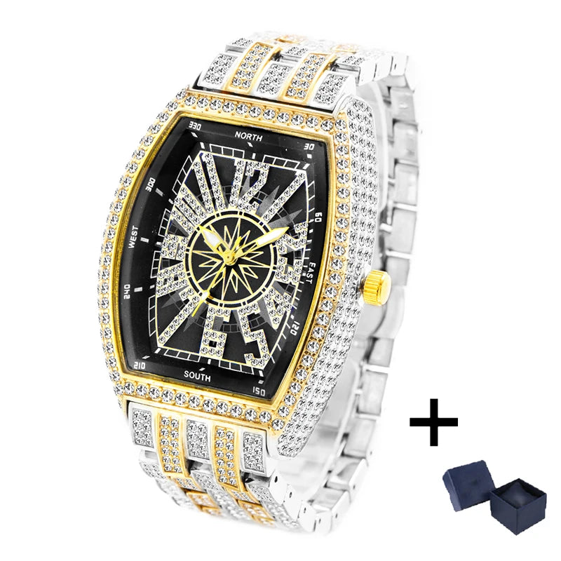 2022  Luxury Mens Watches Fashion Hip Hop Iced Diamond Waterproof Tonneau AAA Quartz Wristwatch Male Reloj Free Shipping