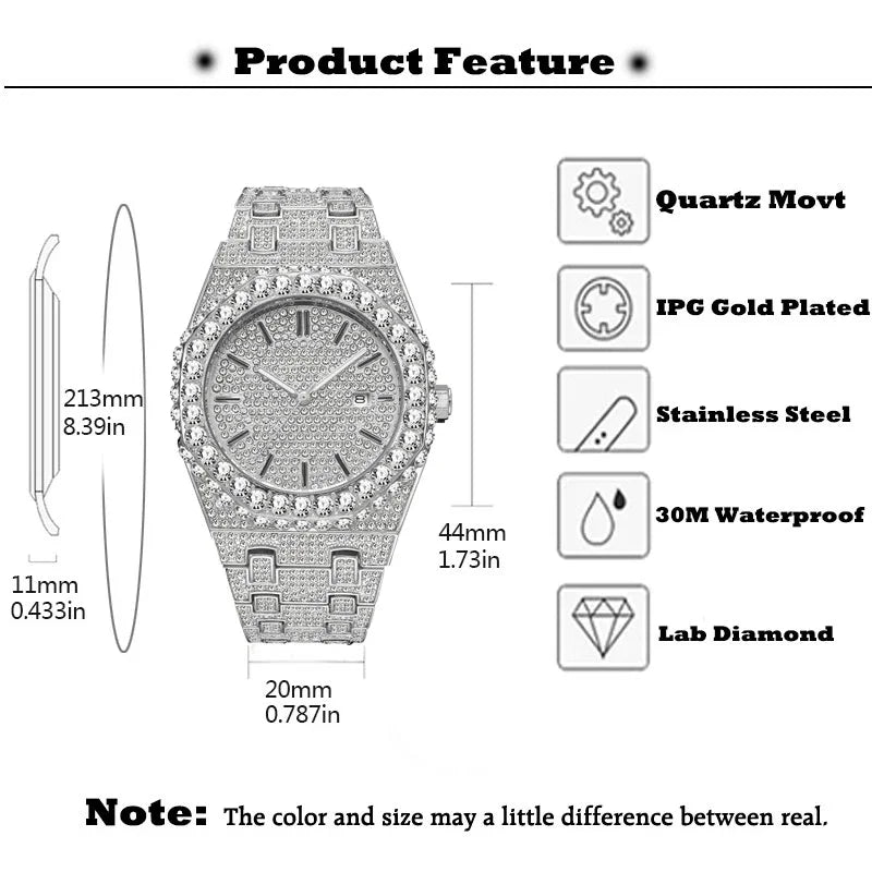 Miss Fox New Hip Hop Men’s Quartz Watch - Luxury Green Full Diamond Automatic Date Timepiece