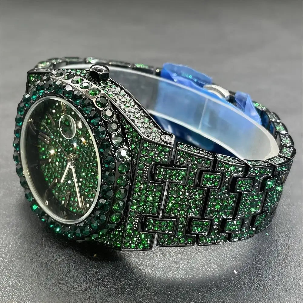 Miss Fox New Hip Hop Men’s Quartz Watch - Luxury Green Full Diamond Automatic Date Timepiece