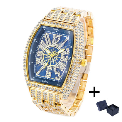 2022  Luxury Mens Watches Fashion Hip Hop Iced Diamond Waterproof Tonneau AAA Quartz Wristwatch Male Reloj Free Shipping