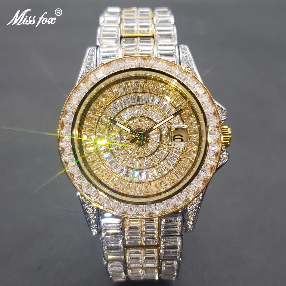 Miss Fox Full Diamond Men’s Watch - High-Quality Hip Hop Ice Out Stainless Steel, Luminous & Waterproof