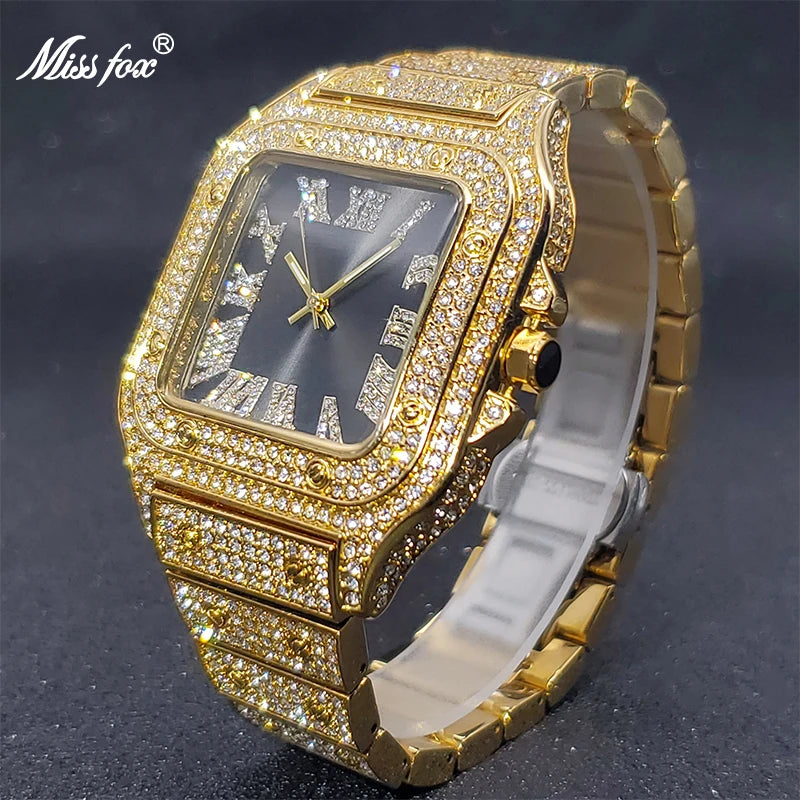 Luxury Miss Fox Square Diamond Watch for Men - Limited Ice Gray Edition Designer Quartz Wristwatch