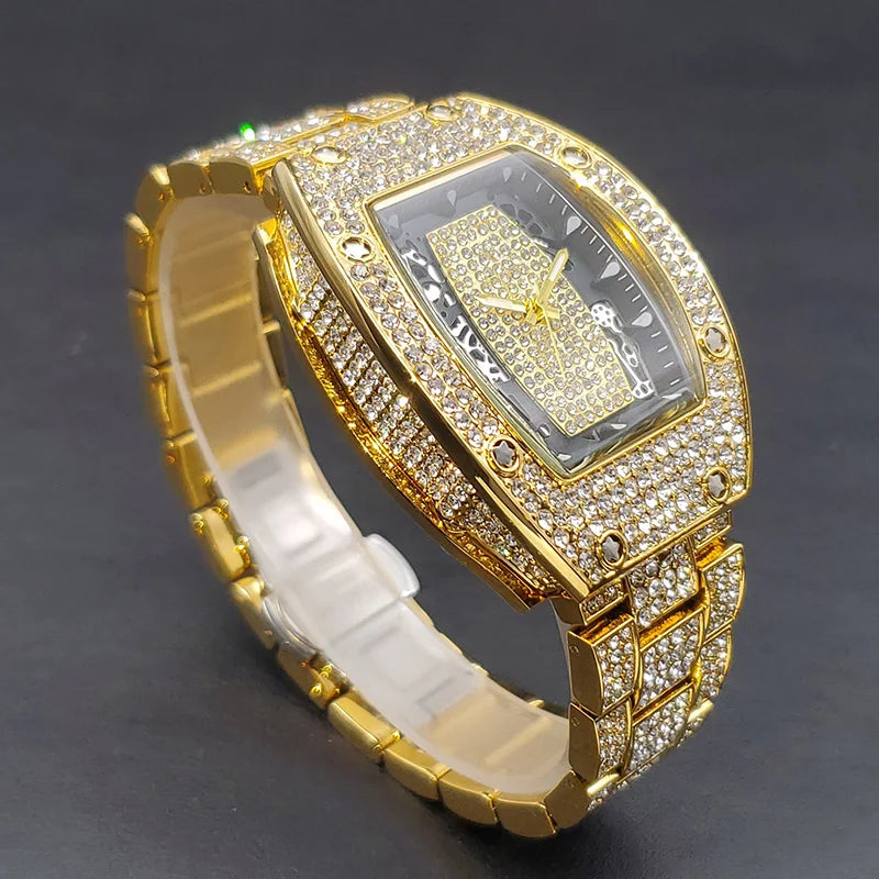 Fashion Brand MISSOX Men’s Hip Hop Gold Plated Tonneau Watch - Top Luxury Full Diamond Quartz Timepiece