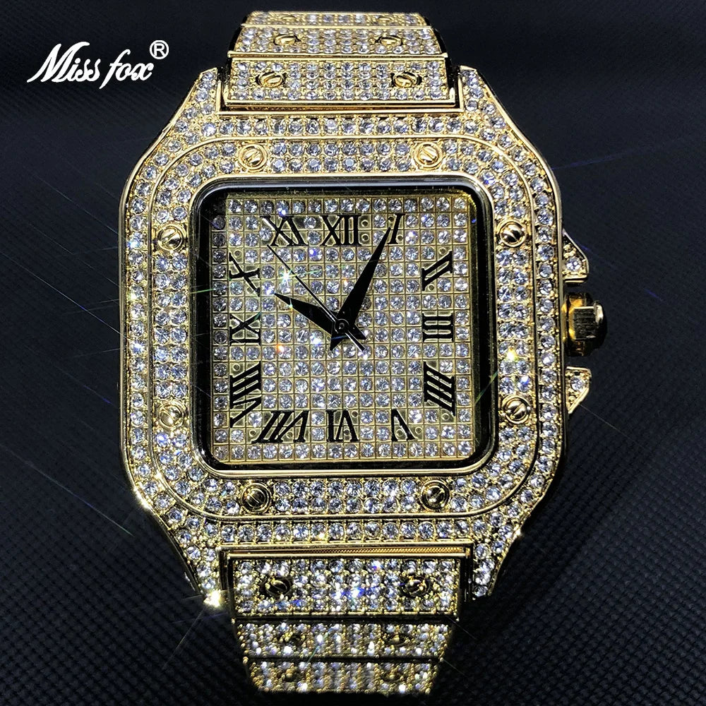 White Gold Men Watches Top Brand Luxury Full Diamond Square Quartz Male Watch Hip Hop Ice Out Waterproof Clock Gift 2021