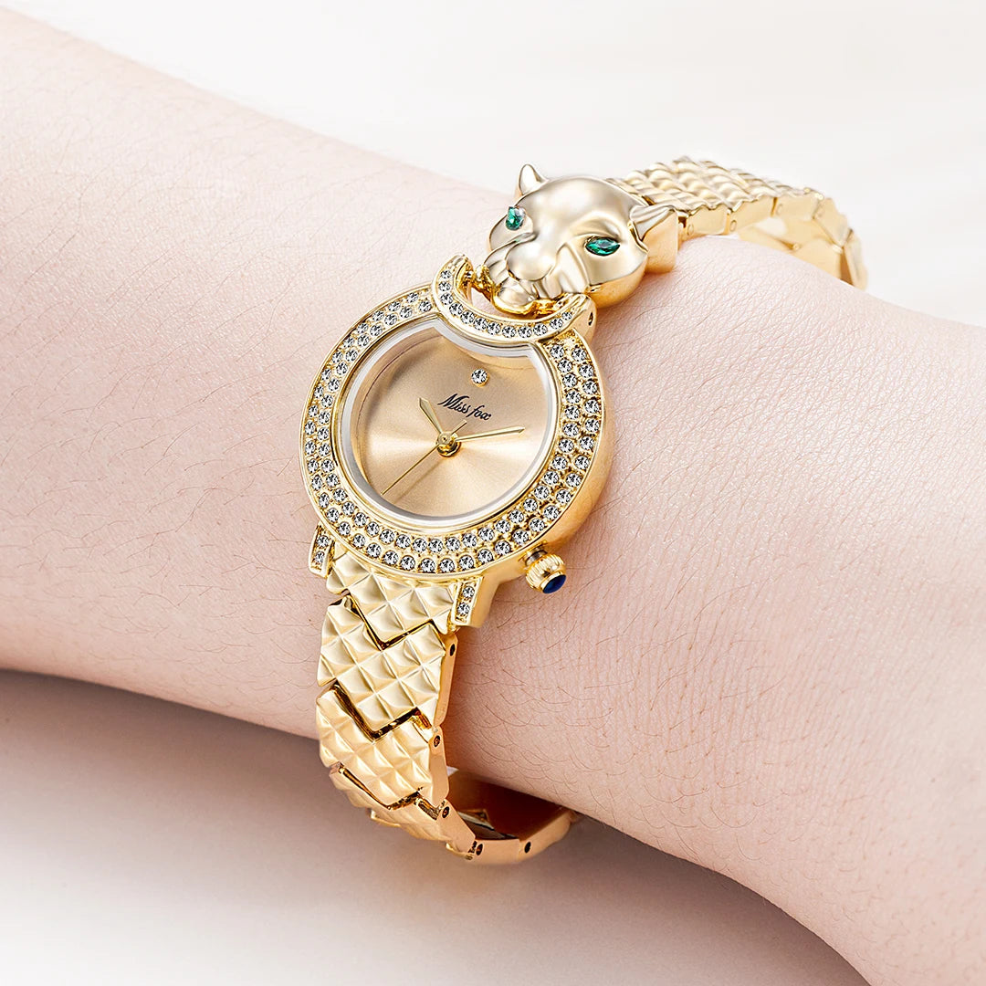 Leopard 3D Bling Diamond Women's Quartz Watch - Fashion Casual Gold Jewelry Timepiece