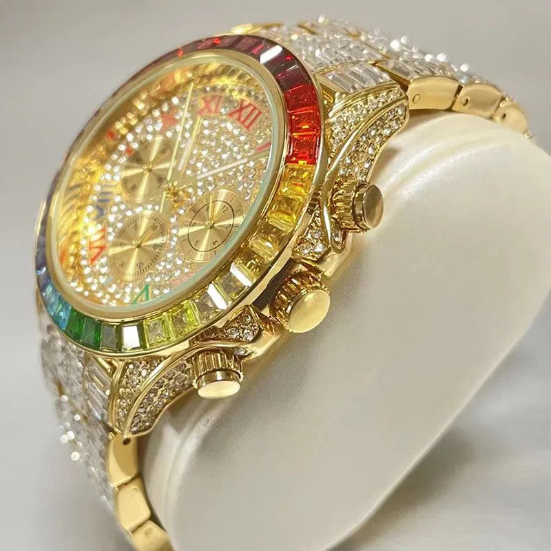 Gold Hip Hop Watch for Men - Iced Out Rainbow Diamond Waterproof Timepiece